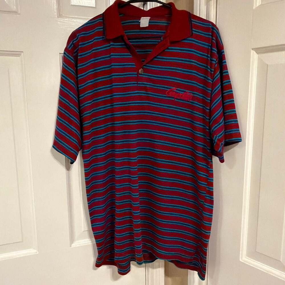 Vintage Stussy Competition Striped Short Sleeve Polo Shirt Red Blue